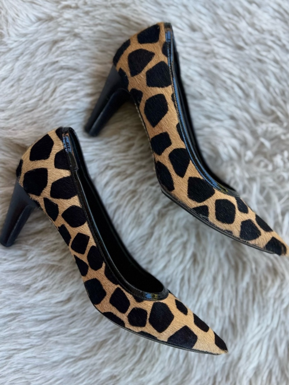 Via Spiga Giraffe Print Pumps 5.5 M Black Tan Pointed Toe Heels Made in Italy